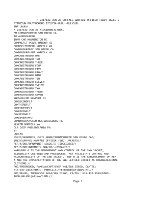 R 231714Z JUN 20 地面战军官 (SWO) 夹克 RTTUZYUW RULYFOO0805 1751714-UUUU--RULYSUU。 ZNR UUUUU R 231714Z 6 月 20 日 MID510001317005U FM COMNAVSURFOR SAN DIEGO CA TO ALNAVSURFOR INFO CNO 华盛顿特区 COMPACFLT PEARL HARBOR HI COMUSFLTFORCOM NORFOLK VA COMNAVSURFPAC SAN DIEGO CA COMNAVSURFLANT NORFOLK VA COMCARSTRKGRU ONE COMCARSTRKGRU TWO COMCARSTRKGRU THREE COMCARSTRKGRU FOUR COMCARSTRKGRU FIVE COMCARSTRKGRU EIGHT COMCARSTRKGRU NINE COMCARSTRKGRU TEN COMCARSTRKGRU ELEVEN COMCARSTRKGRU TWELVE COMEXPSTRKGRU TWO COMEXSTRIKGRU THREE COMEXSTRIKGRU SEVEN SWOSCOLCOM NEWPORT RI COMSECONDFLT COMTHIRDFLT COMFOURTHFLT COMFIFTHFLT COMSIXTHFLT COMSEVENTHFLT COMNAVSUPSYSCOM MECHANICSBURG PA NEXCOM NORFOLK VA DLA DSCP PHILADELPHIA PA BT UNCLAS MSGID/GENADMIN,USMTF,2008/COMNAVSURFOR SAN DIEGO CA// SUBJ/水面作战军官 (SWO) 夹克// REF/A/DOC/OPNAVINST 10126.5/-/20DEC2019// REF/B/DOC/NAVADMIN 004/20/-/09JAN20// NARR/REF A 是 SWO 夹克的管理和控制、资格标准和程序，有助于对 SWO 进行控制和问责夹克。REF B 是 REF A 的公告，以及将 SWO 皮夹克作为组织服装的实施。// POC/THEORGOOD，PAMELA/CAPT/CNSP N41/SAN DIEGO，CA/电话：619-437-2410/电子邮箱：PAMELA.S.THEORGOOD(AT)NAVY.MIL// POC/NELMS，TODD/CNSP N41A/SAN DIEGO，CA/电话：619-437-3519/电子邮箱：TODD.NELMS1(AT)NAVY.MIL//